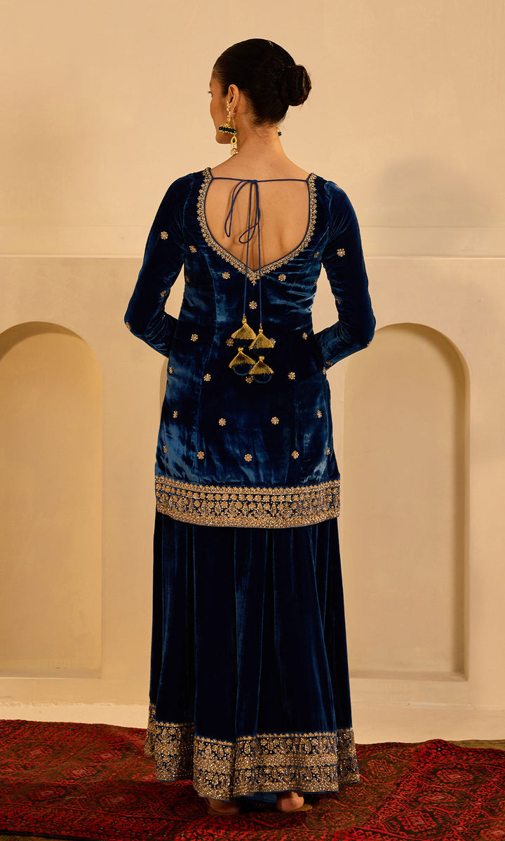 dilbaro mughals sapphire blue embroidered sharara set with dupatta (set of 3)