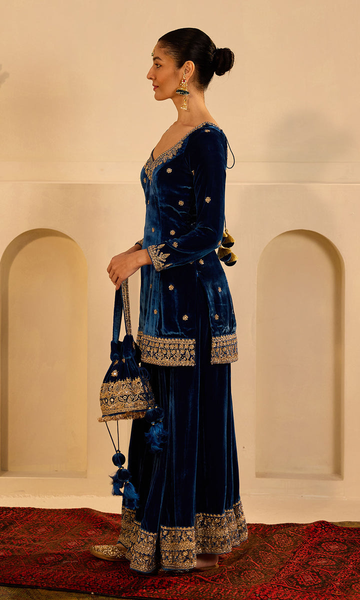 Dilbaro mughals sapphire blue embroidered sharara set with shawl (set of 3)