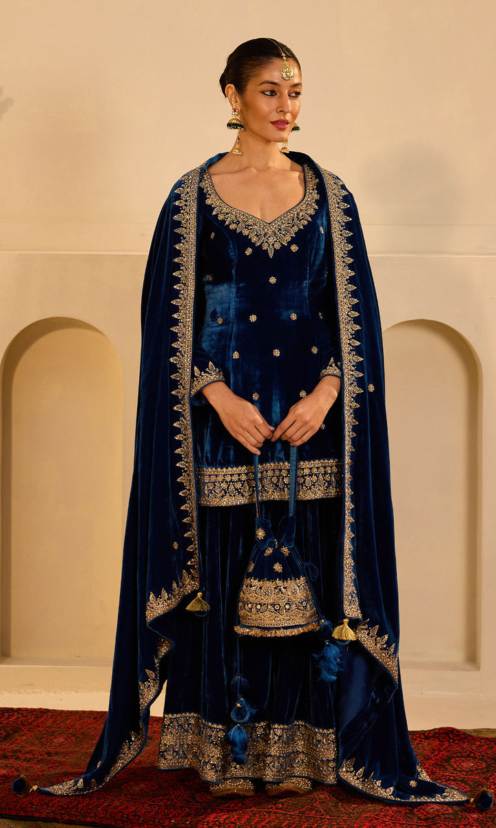 Dilbaro mughals sapphire blue embroidered sharara set with shawl (set of 3)