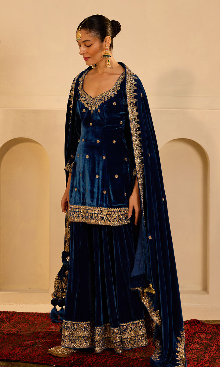 Dilbaro mughals sapphire blue embroidered sharara set with shawl (set of 3)