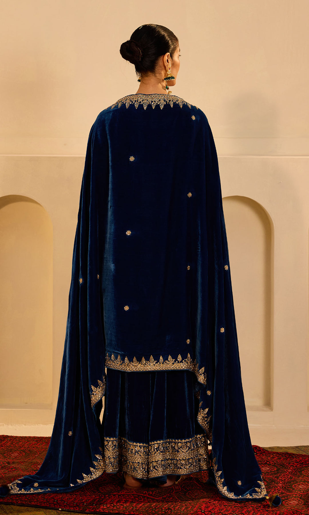 Dilbaro mughals sapphire blue embroidered sharara set with shawl (set of 3)