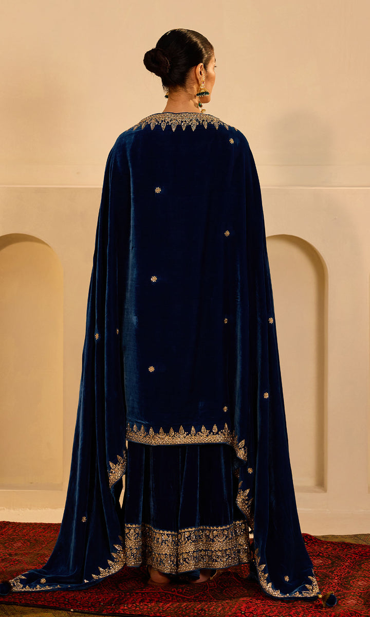 Dilbaro mughals sapphire blue embroidered sharara set with shawl (set of 3)