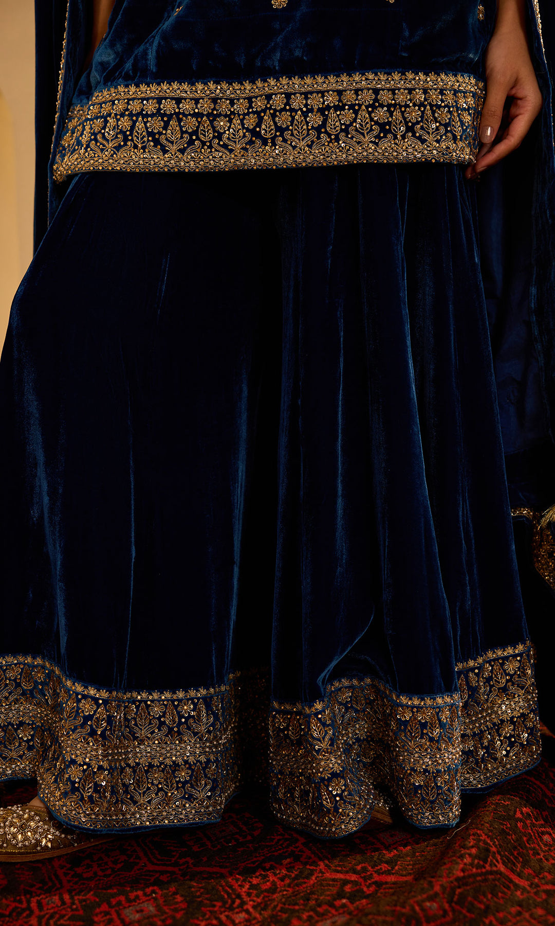 Dilbaro mughals sapphire blue embroidered sharara set with shawl (set of 3)