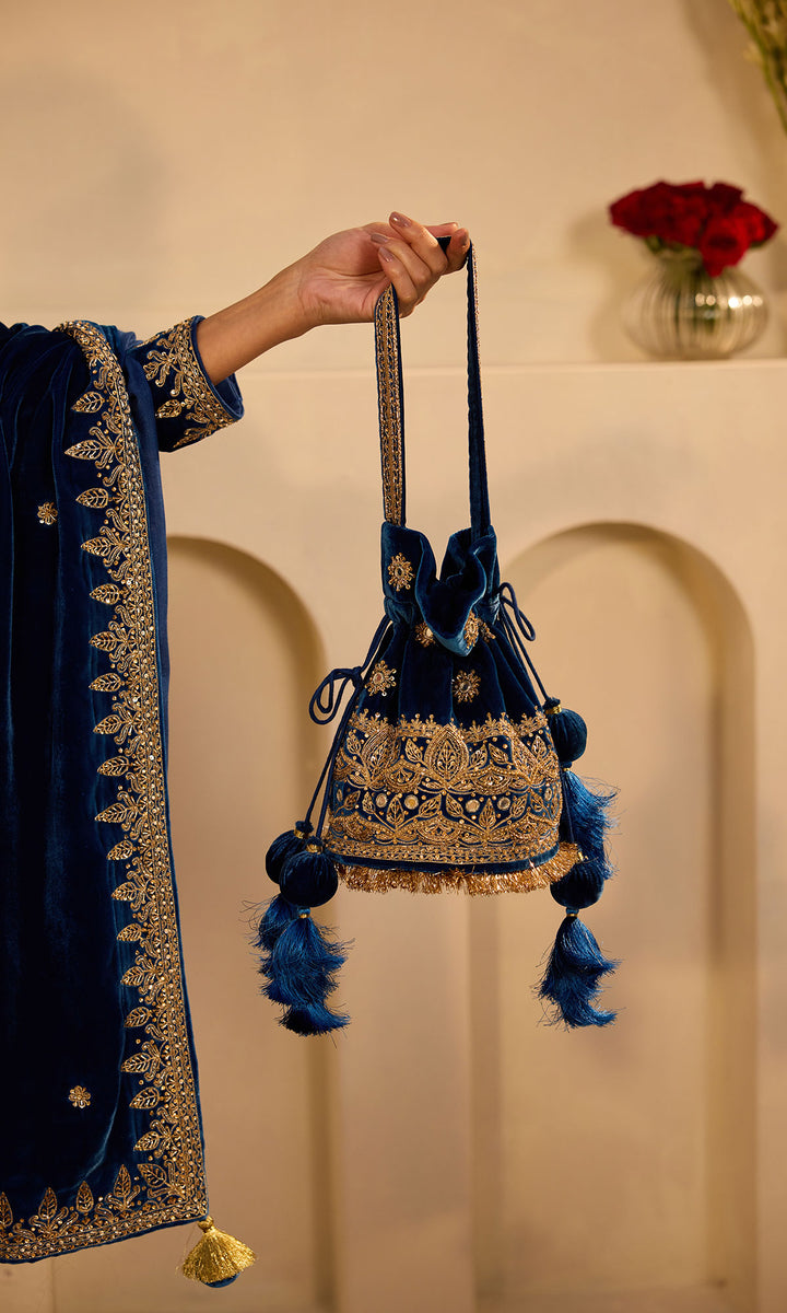 Dilbaro Mughals Hand Embroidered Sapphire Blue Potli Bag