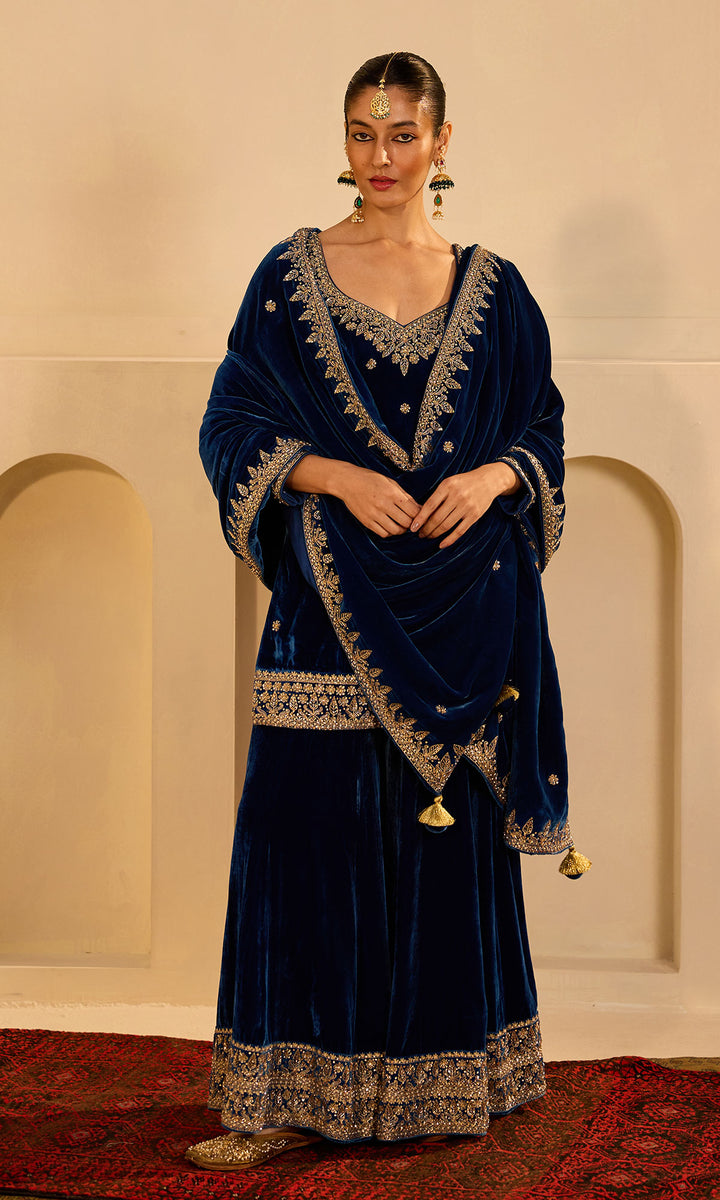 Dilbaro mughals sapphire blue embroidered sharara set with shawl (set of 3)