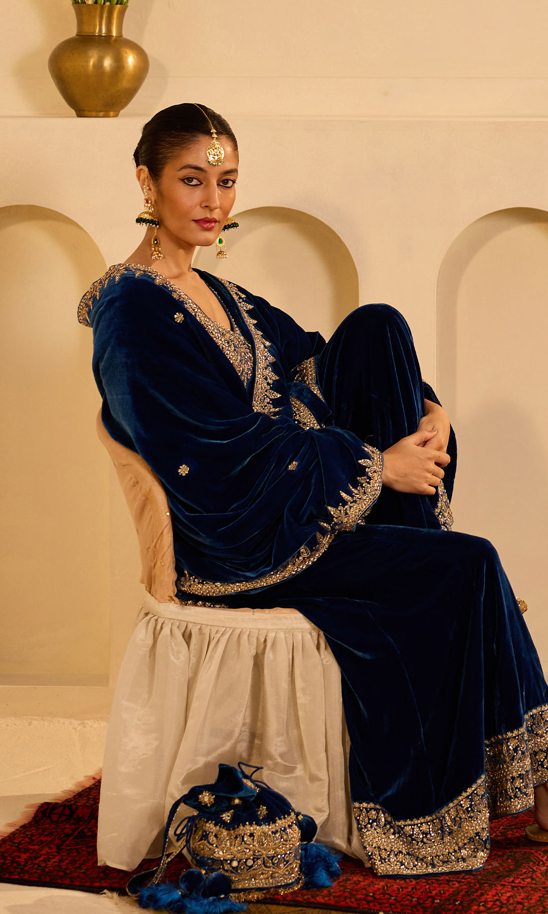 Dilbaro mughals sapphire blue embroidered sharara set with shawl (set of 3)