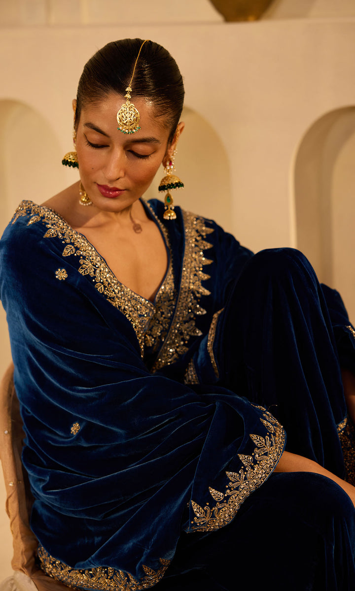 Dilbaro mughals sapphire blue embroidered sharara set with shawl (set of 3)