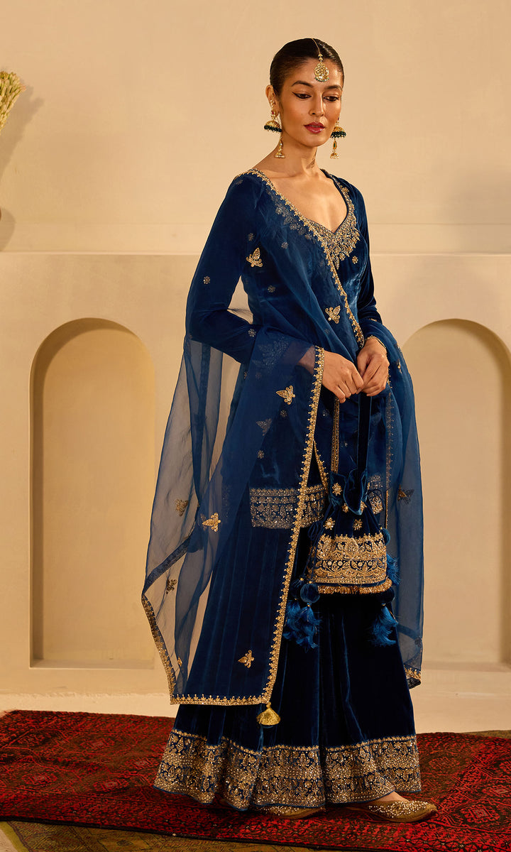 dilbaro mughals sapphire blue embroidered sharara set with dupatta (set of 3)