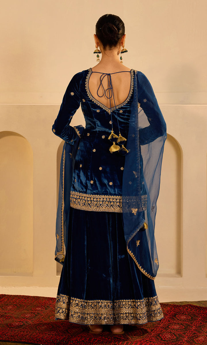 dilbaro mughals sapphire blue embroidered sharara set with dupatta (set of 3)