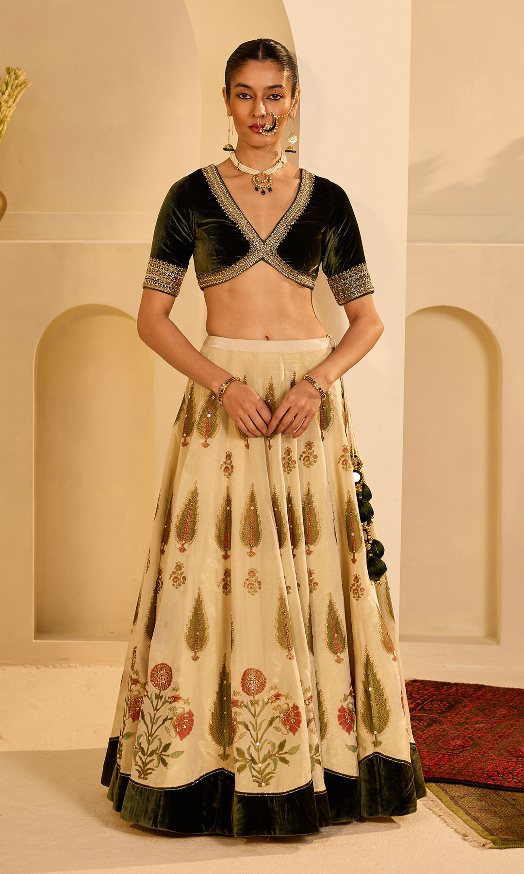 Dilbaro mughals block printed lehenga with embroidered olive green blouse and red shawl (set of 3)