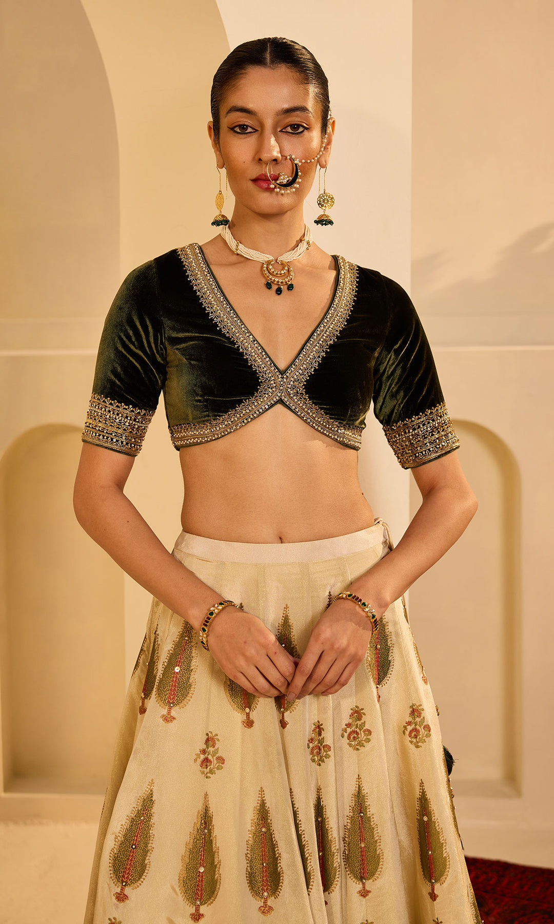 Dilbaro mughals block printed lehenga with embroidered olive green blouse and red shawl (set of 3)