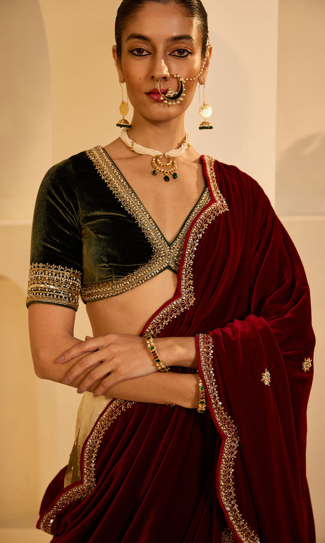 Dilbaro mughals block printed lehenga with embroidered olive green blouse and red shawl (set of 3)