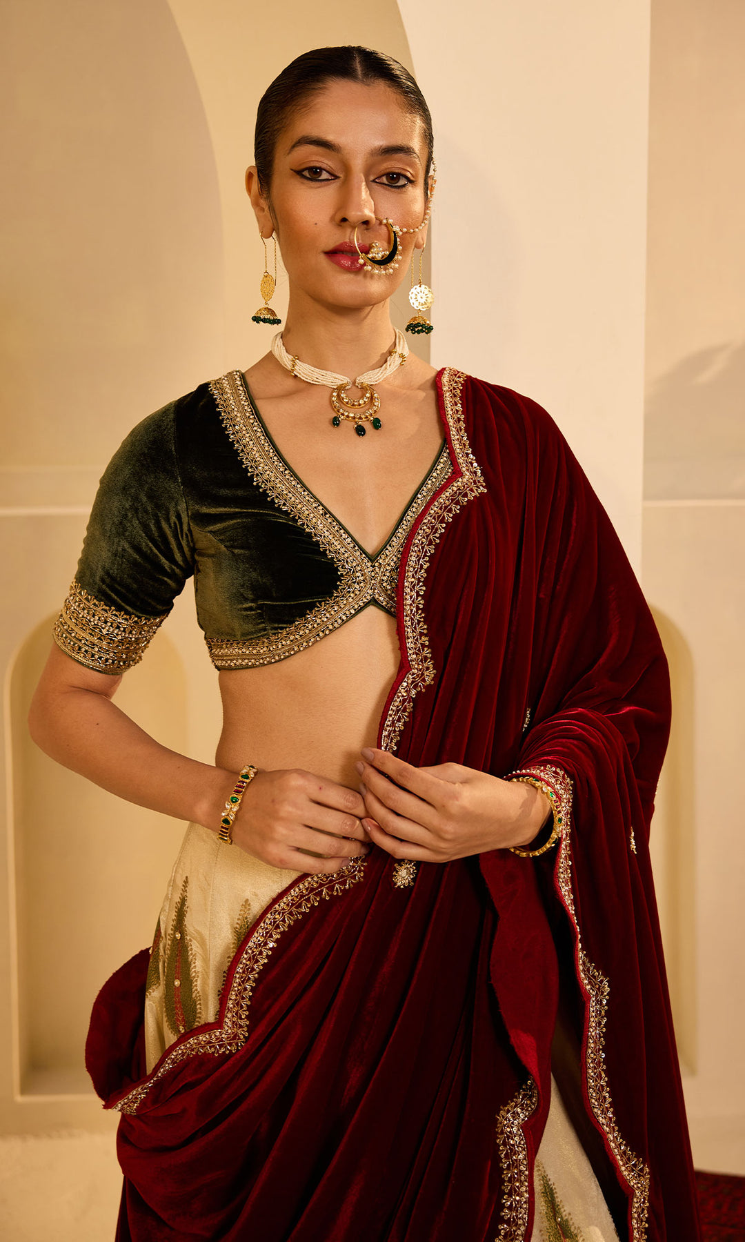 Dilbaro mughals block printed lehenga with embroidered olive green blouse and red shawl (set of 3)