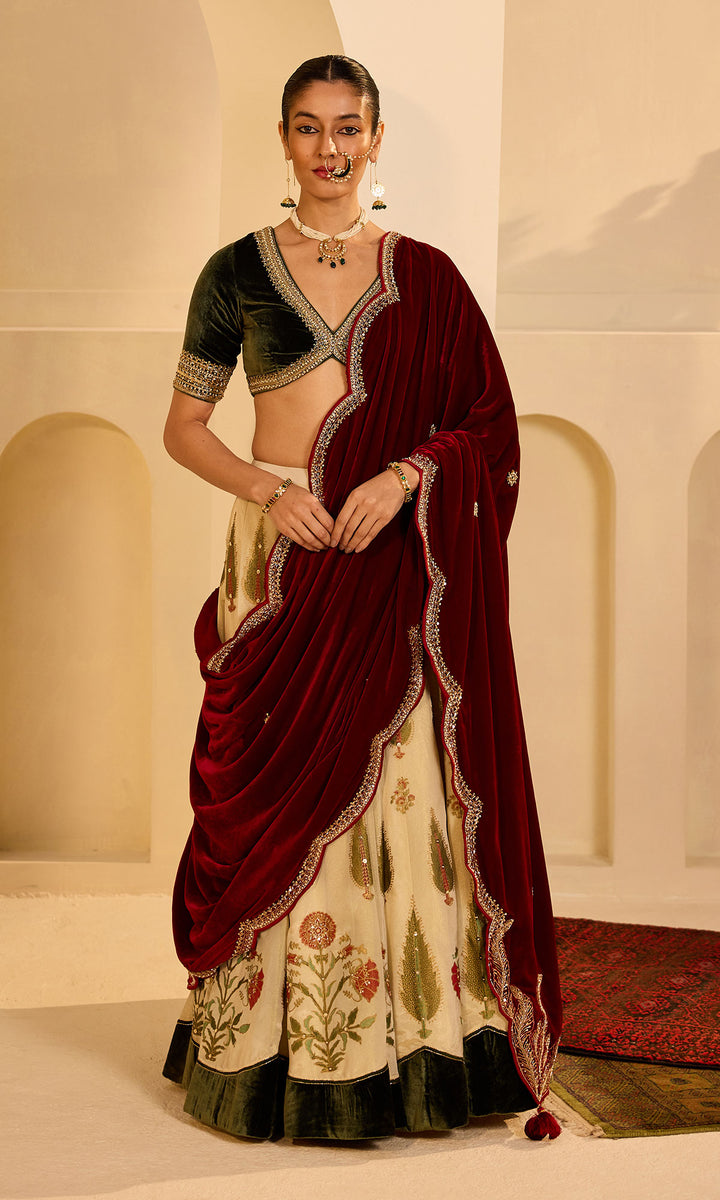 Dilbaro mughals block printed lehenga with embroidered olive green blouse and red shawl (set of 3)