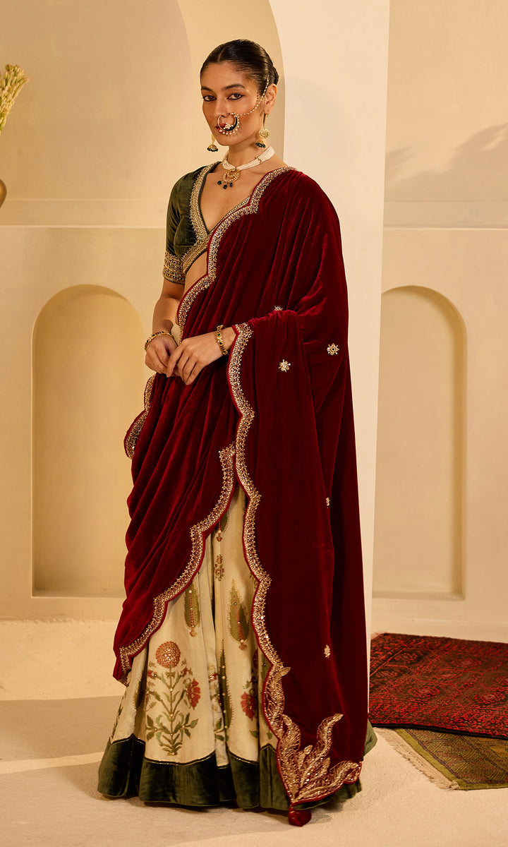 Dilbaro mughals block printed lehenga with embroidered olive green blouse and red shawl (set of 3)