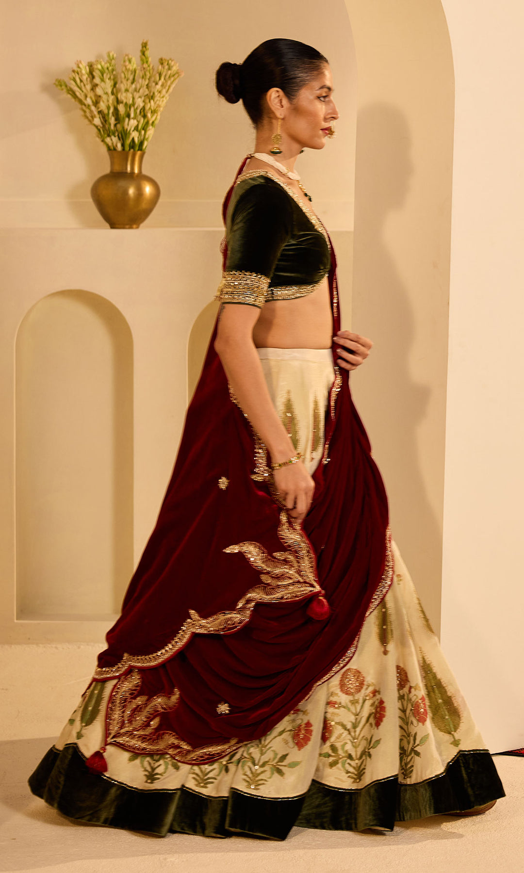 Dilbaro mughals block printed lehenga with embroidered olive green blouse and red shawl (set of 3)