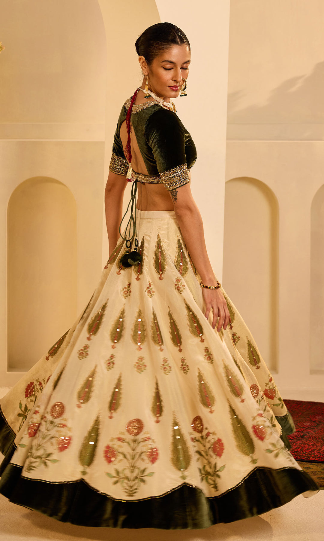 Dilbaro mughals block printed lehenga with embroidered olive green blouse and red shawl (set of 3)