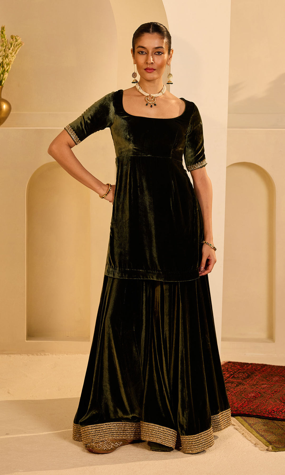 Dilbaro mughals olive green velvet sharara kurti and shawl (set of 3)