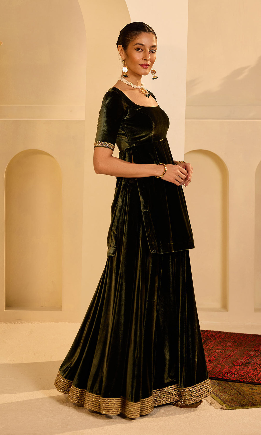 Dilbaro mughals olive green velvet sharara kurti and shawl (set of 3)