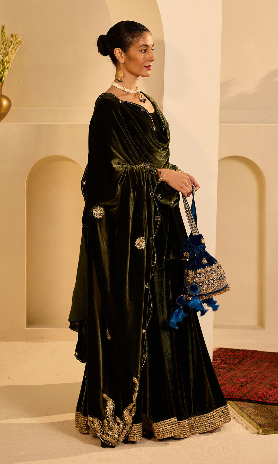 Dilbaro mughals olive green velvet sharara kurti and shawl (set of 3)