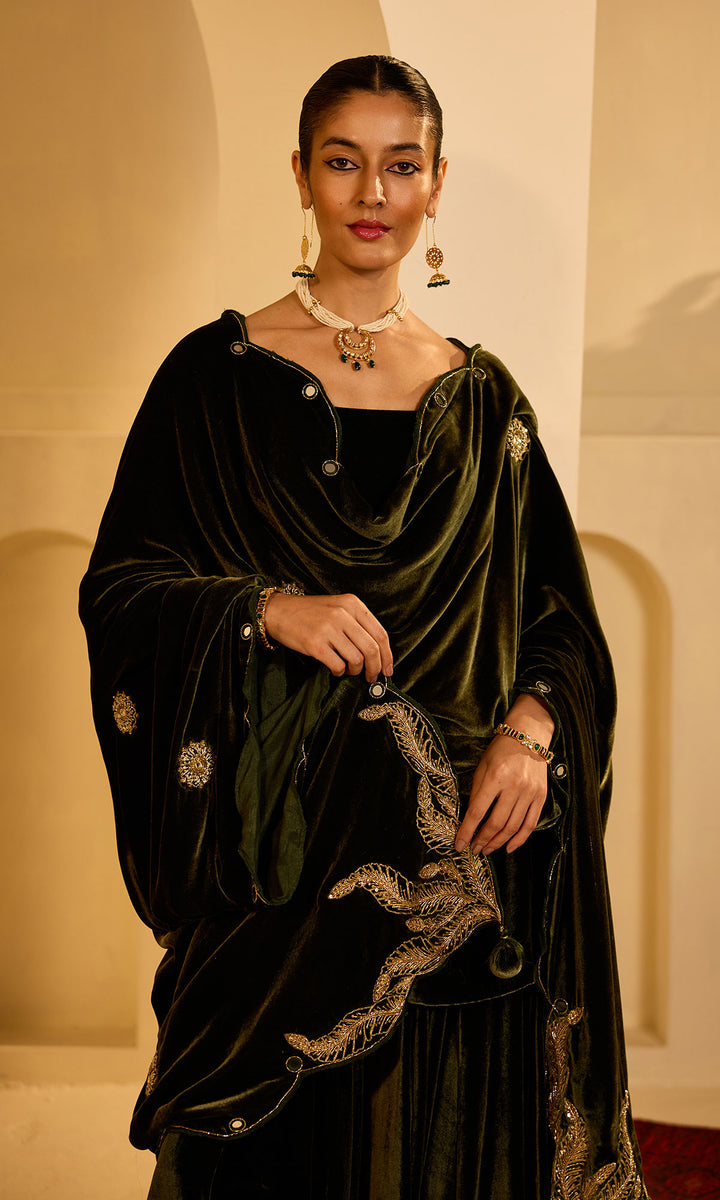 Dilbaro Mughals Olive Green Scalloped Shawl