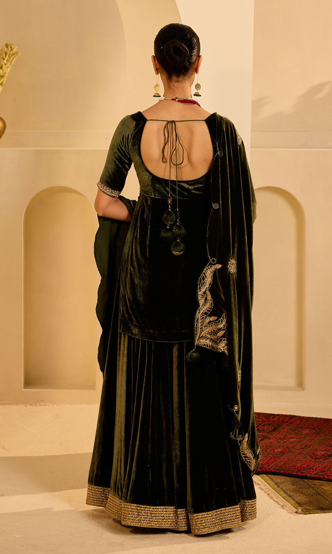 Dilbaro mughals olive green velvet sharara kurti and shawl (set of 3)