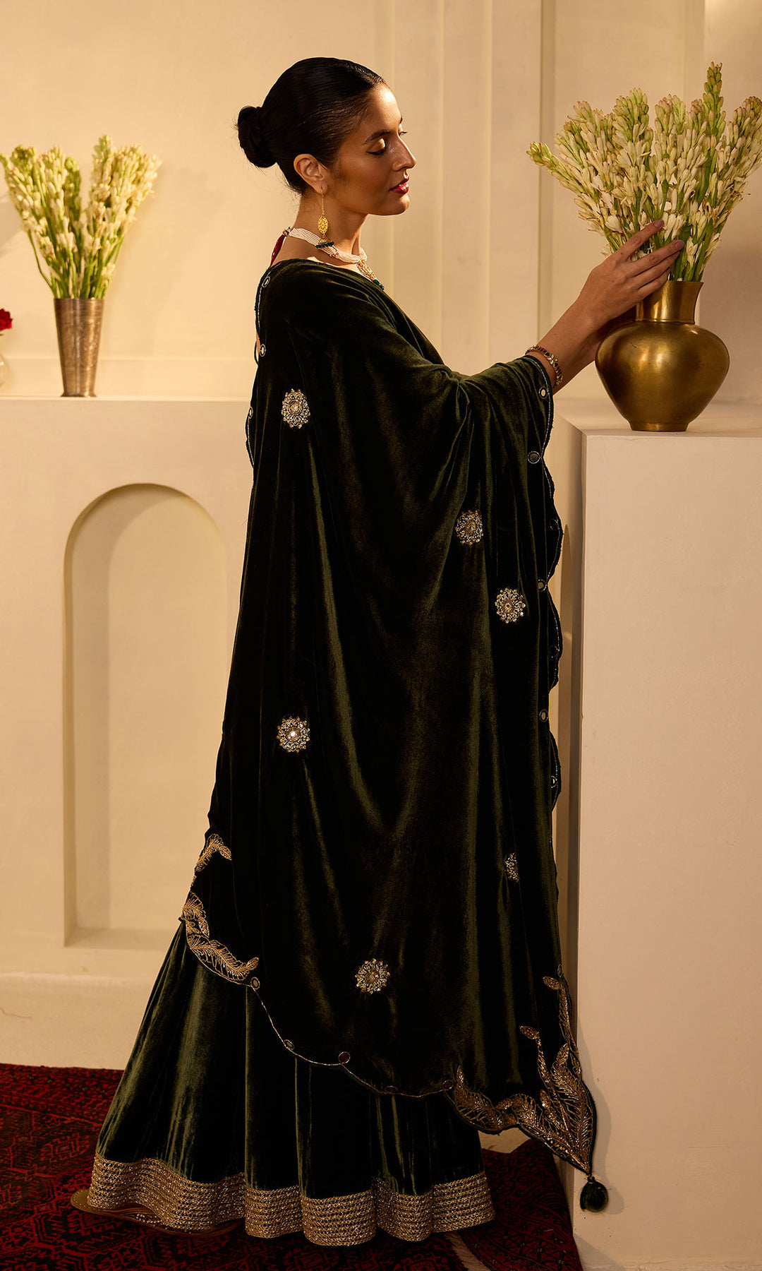 Dilbaro mughals olive green velvet sharara kurti and shawl (set of 3)