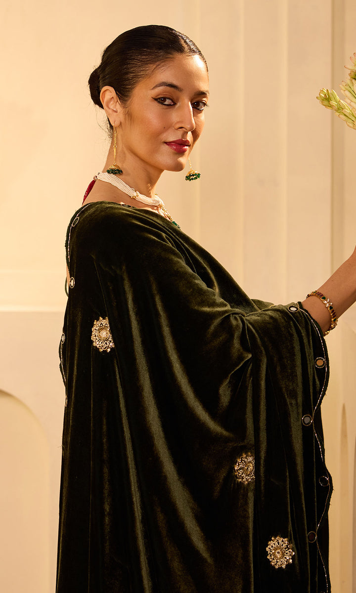 Dilbaro mughals olive green velvet sharara kurti and shawl (set of 3)