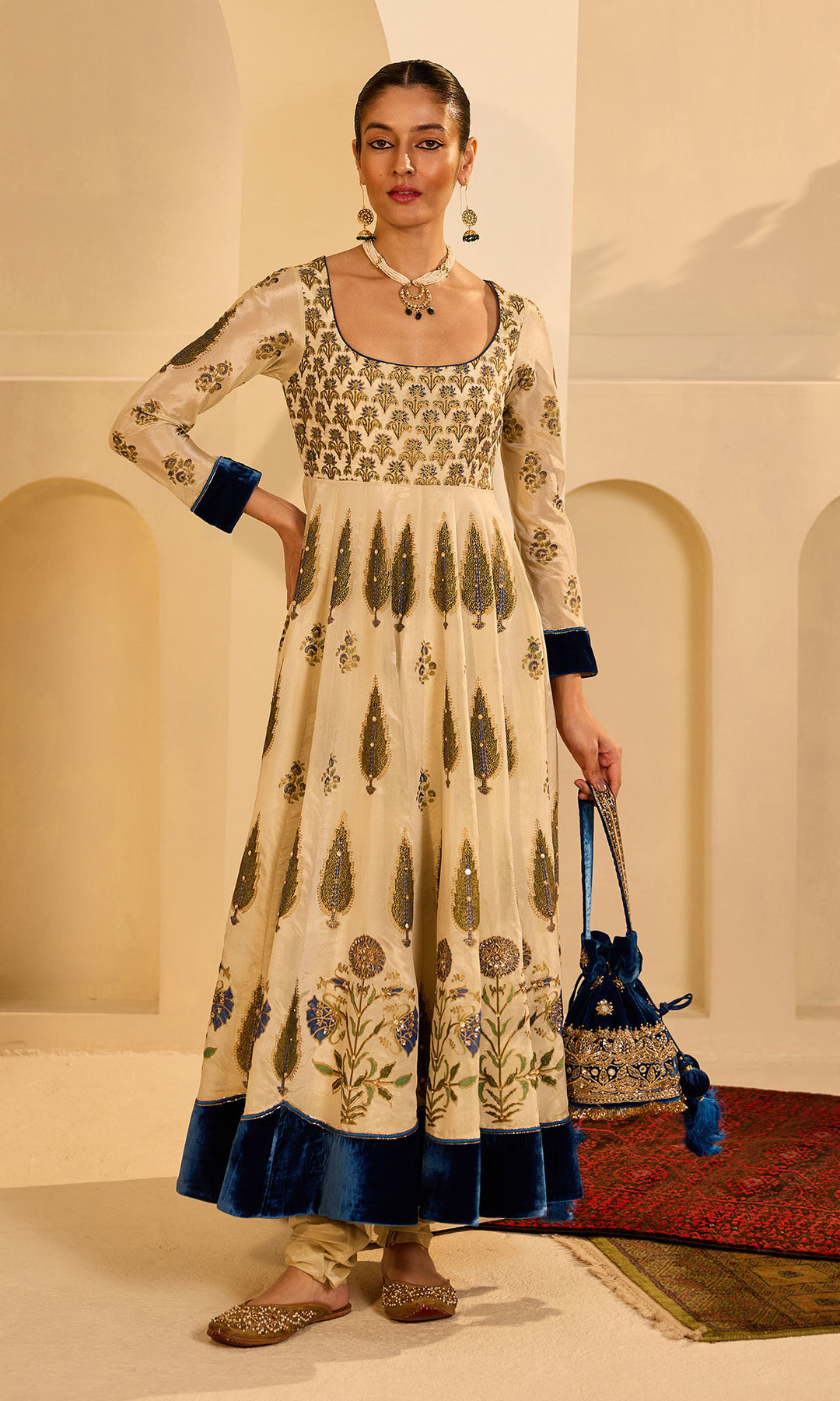 Dilbaro mughals tissue block printed Ivory anarkali with chooridar and saphire blue dupatta (set of 3)