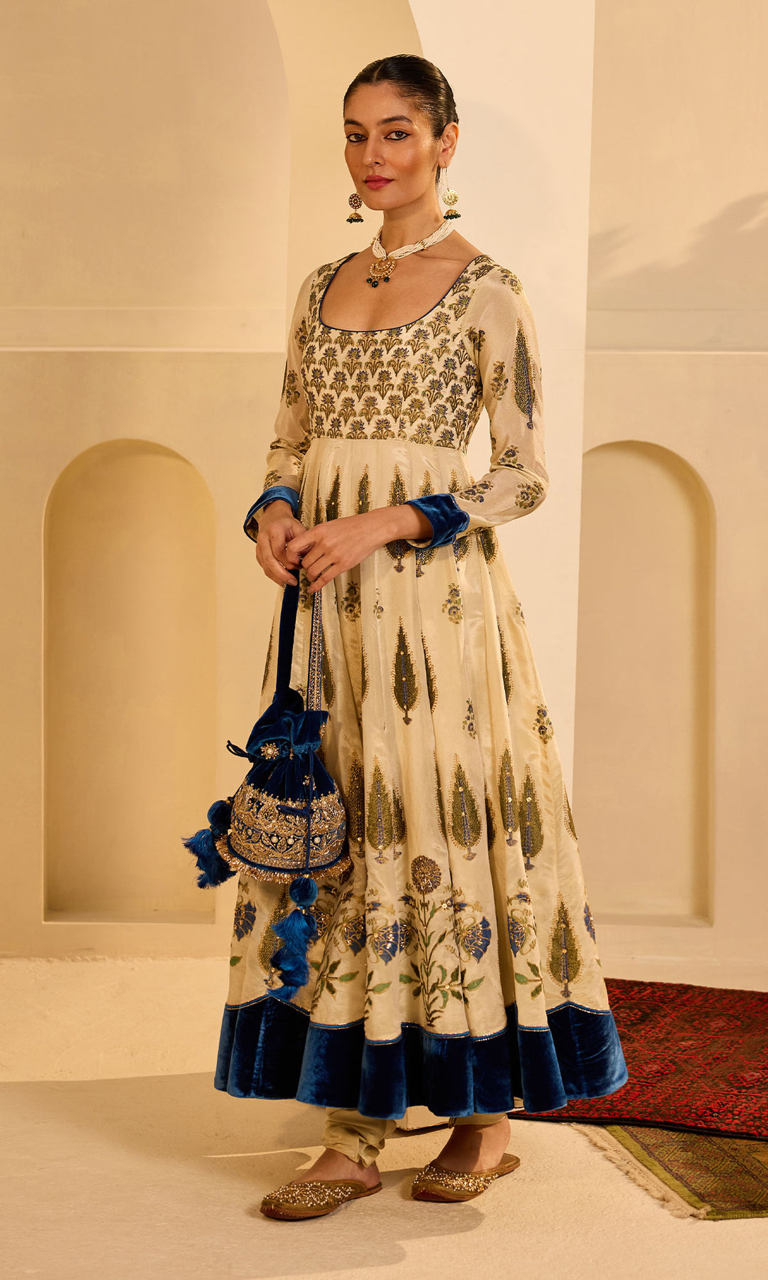 Dilbaro mughals tissue block printed Ivory anarkali with chooridar and saphire blue dupatta (set of 3)