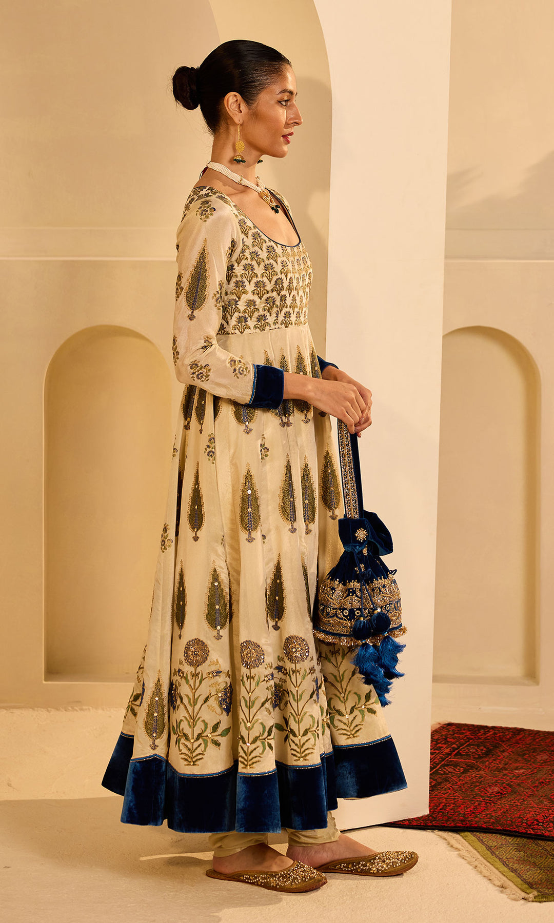 Dilbaro mughals tissue block printed Ivory anarkali with chooridar and saphire blue dupatta (set of 3)