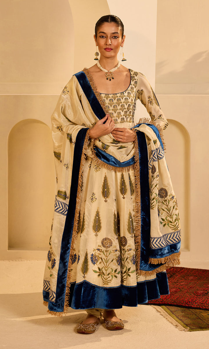 Dilbaro mughals tissue block printed Ivory anarkali with chooridar and saphire blue dupatta (set of 3)