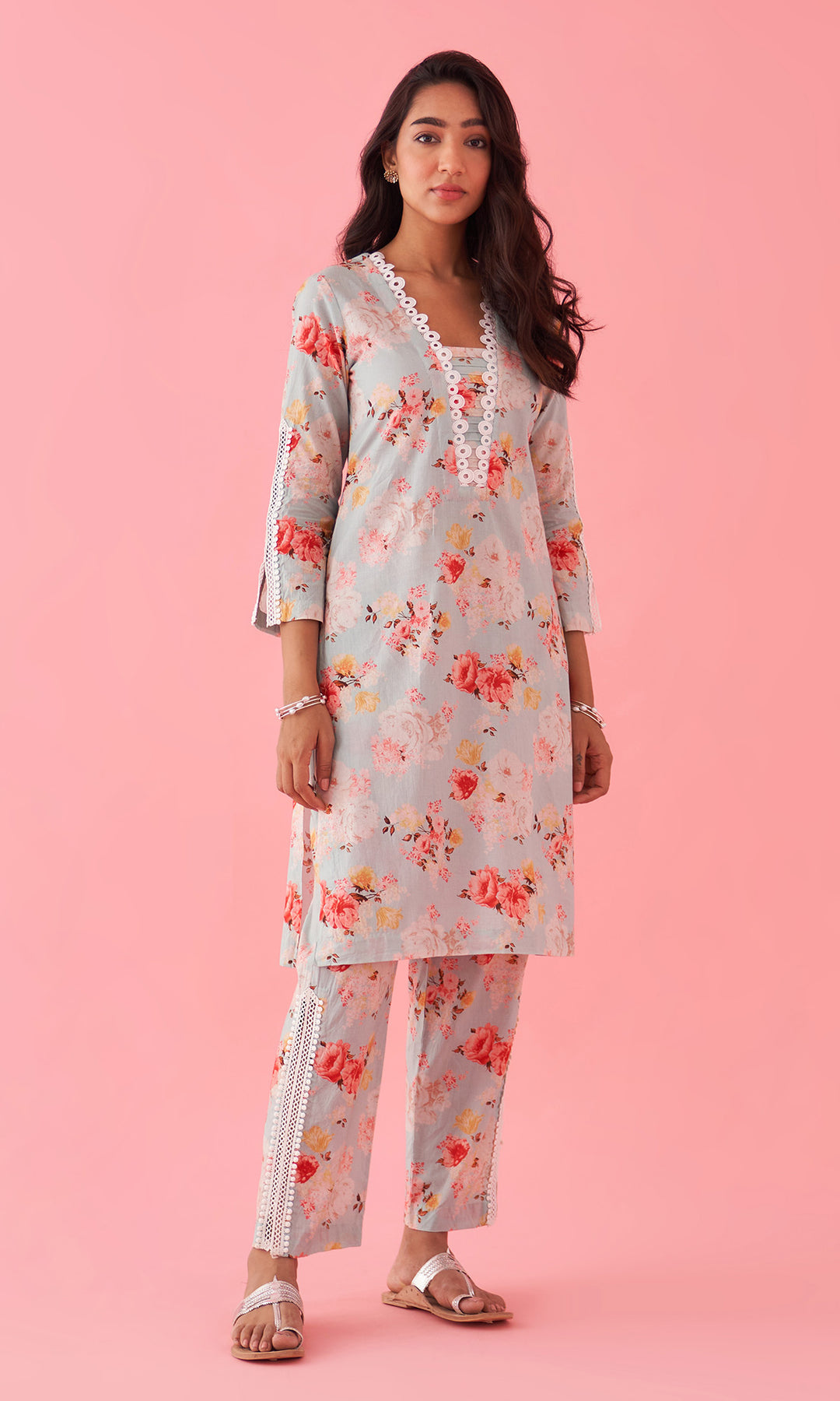 Hayat 2.0 Aqua Floral Printed Kurta Set With Palazzo and Dupatta Set of 3
