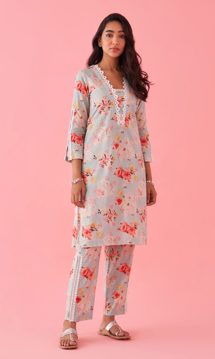 Hayat 2.0 Aqua Floral Printed Kurta Set With Palazzo and Dupatta Set of 3