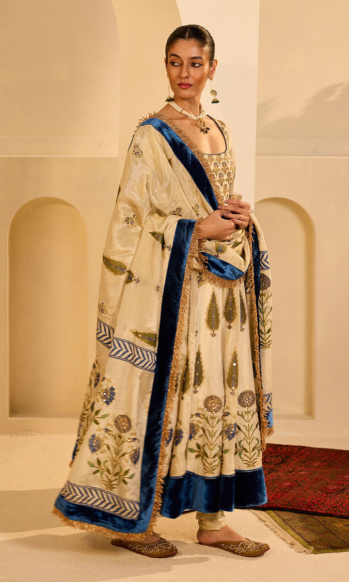 Dilbaro mughals tissue block printed Ivory anarkali with chooridar and saphire blue dupatta (set of 3)