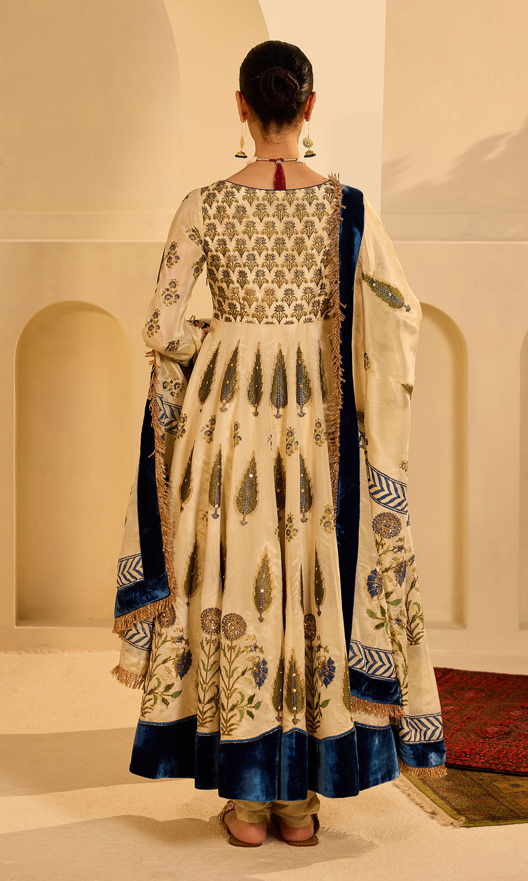 Dilbaro mughals tissue block printed Ivory anarkali with chooridar and saphire blue dupatta (set of 3)