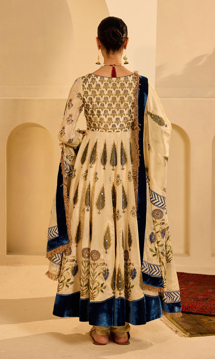 Dilbaro mughals tissue block printed Ivory anarkali with chooridar and saphire blue dupatta (set of 3)