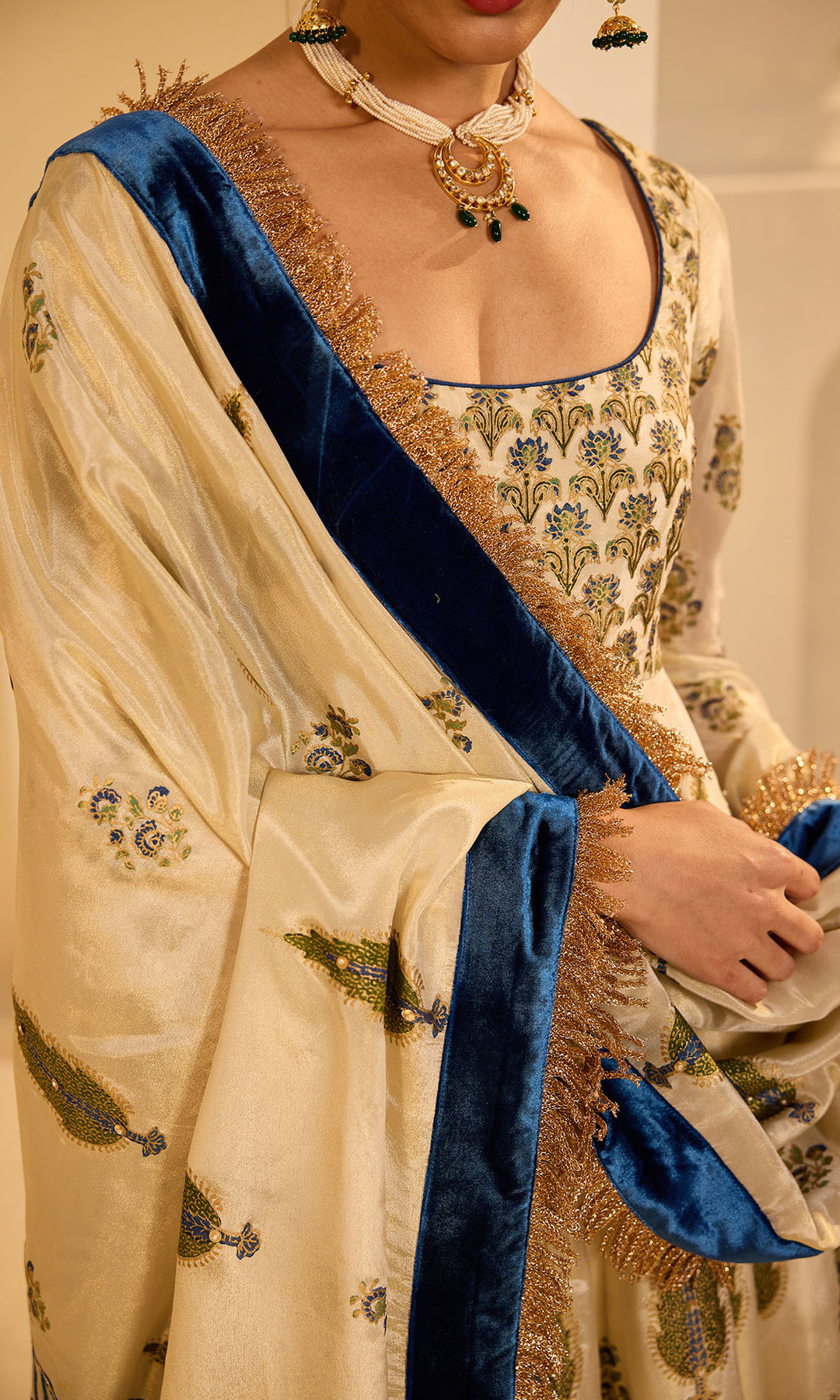 Dilbaro mughals tissue block printed Ivory anarkali with chooridar and saphire blue dupatta (set of 3)