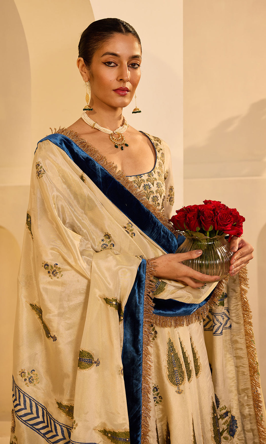 Dilbaro mughals tissue block printed Ivory anarkali with chooridar and saphire blue dupatta (set of 3)