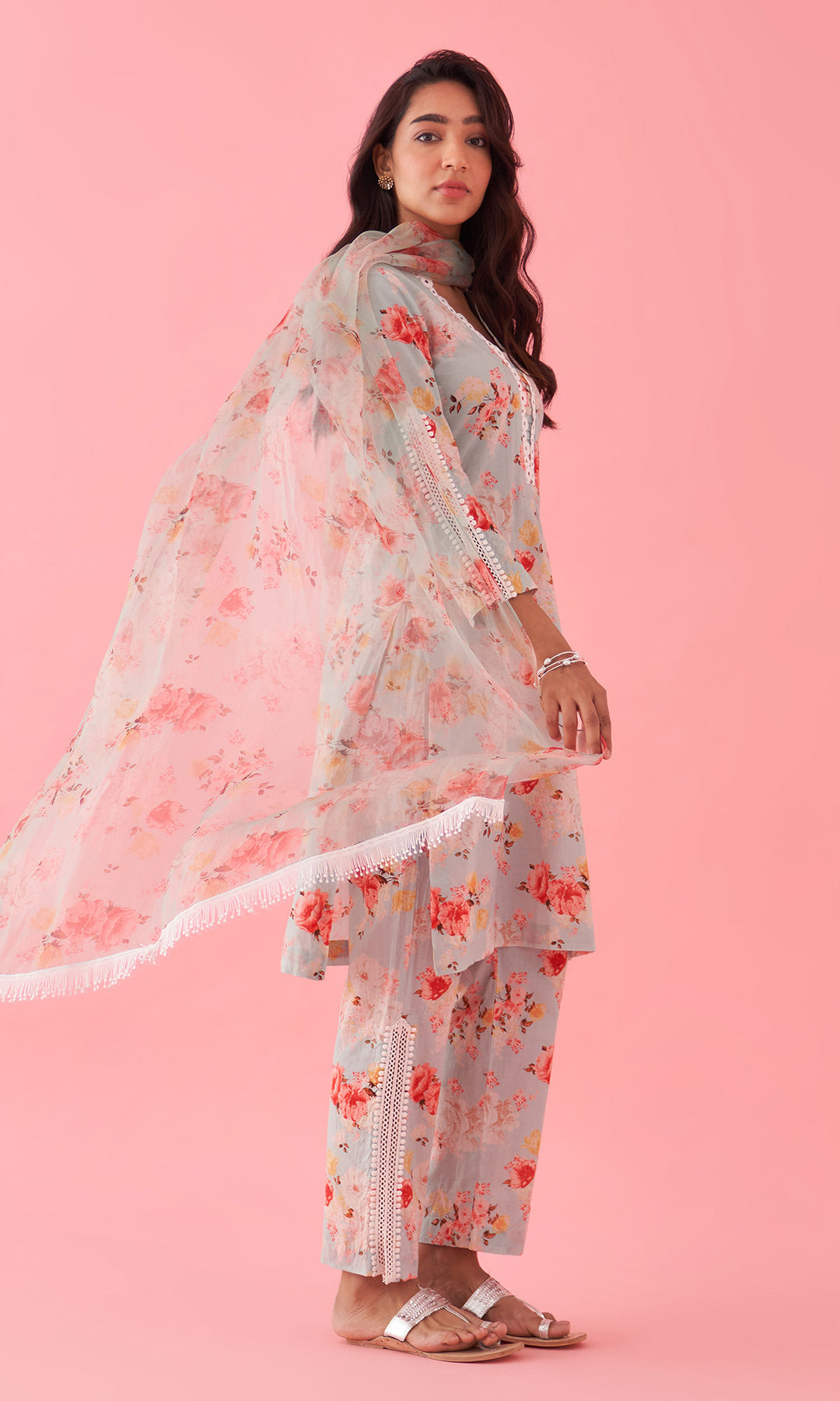 Hayat 2.0 Aqua Floral Printed Kurta Set With Palazzo and Dupatta Set of 3