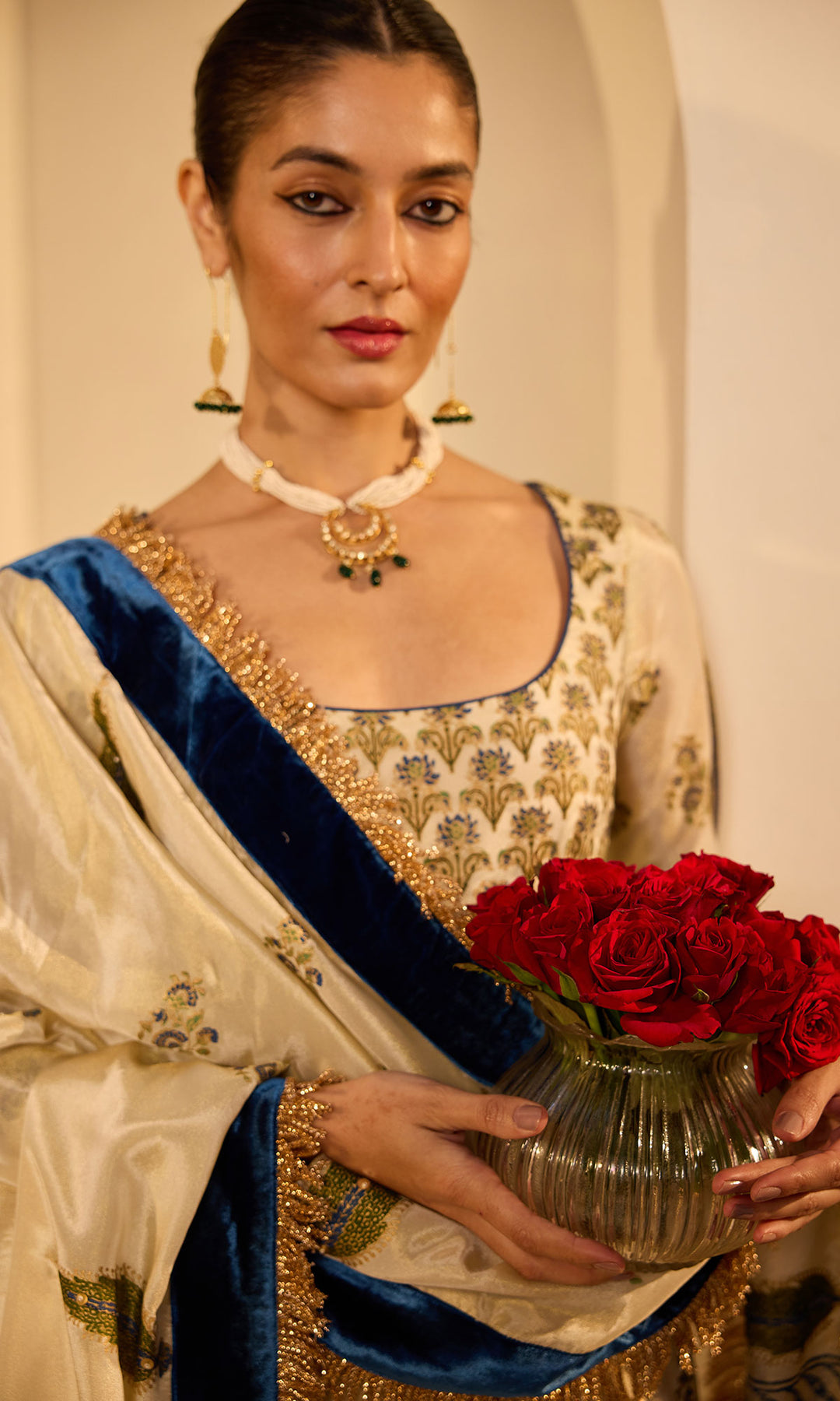 Dilbaro mughals tissue block printed Ivory anarkali with chooridar and saphire blue dupatta (set of 3)