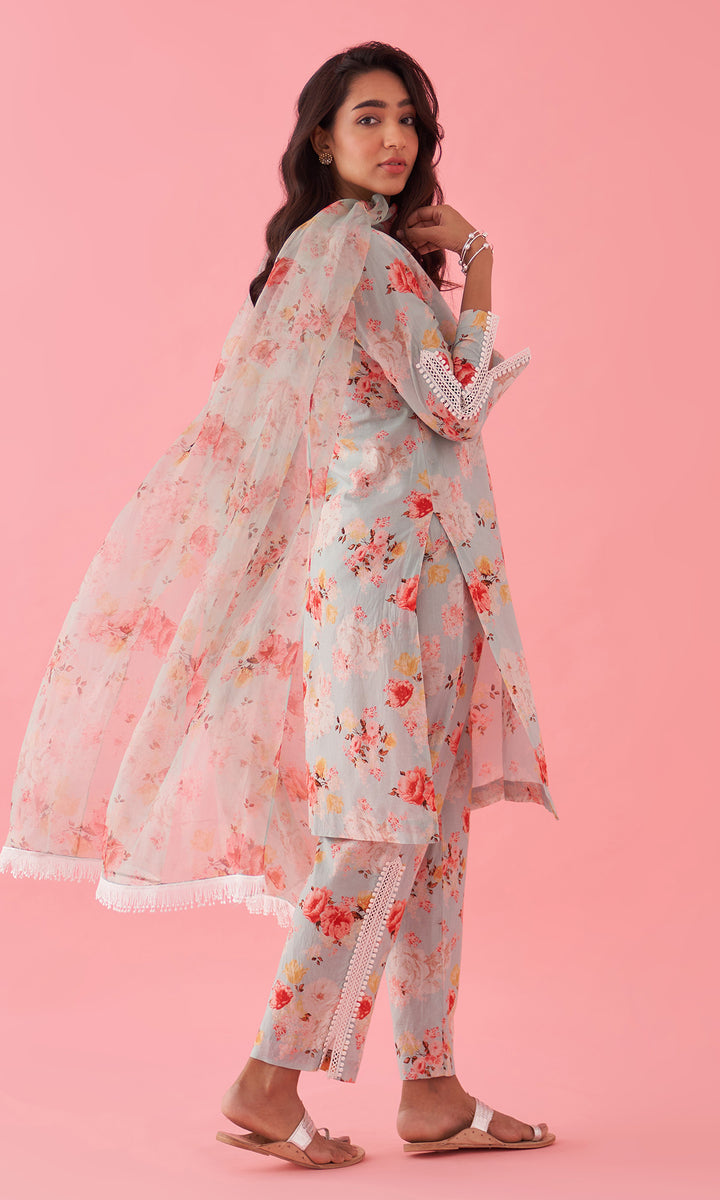 Hayat 2.0 Aqua Floral Printed Kurta Set With Palazzo and Dupatta Set of 3