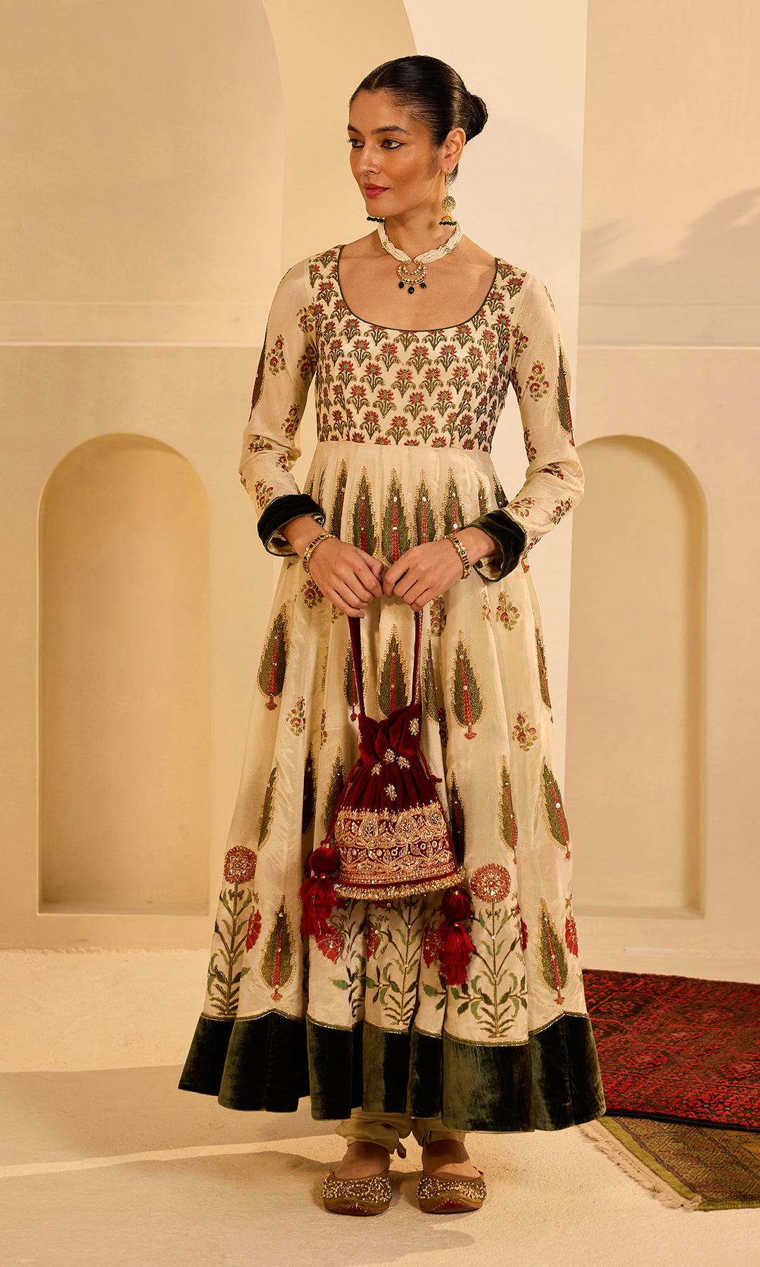 Dilbaro mughals tissue block printed Ivory anarkali with chooridar and olive green dupatta (set of 3)