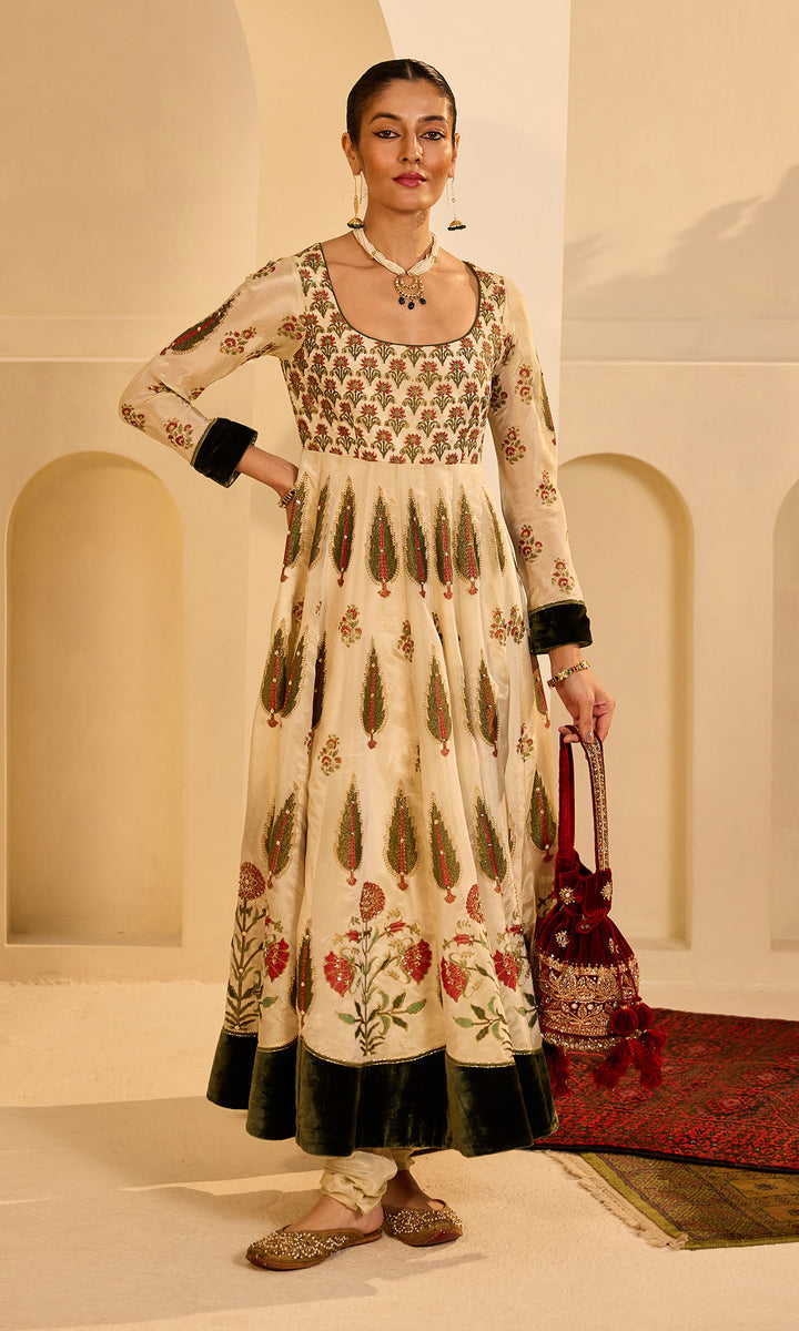 Dilbaro mughals tissue block printed Ivory anarkali with chooridar and olive green dupatta (set of 3)