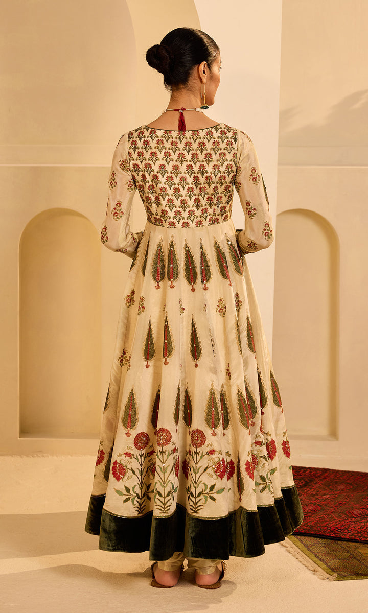 Dilbaro mughals tissue block printed Ivory anarkali with chooridar and olive green dupatta (set of 3)