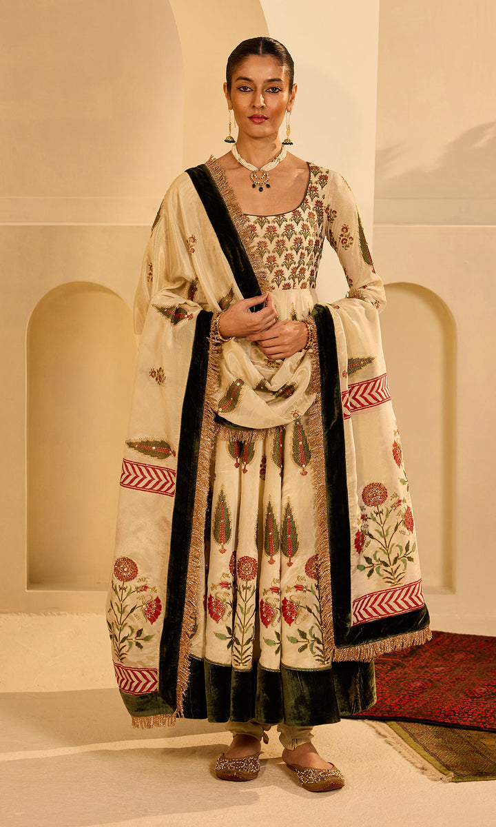 Dilbaro mughals tissue block printed Ivory anarkali with chooridar and olive green dupatta (set of 3)
