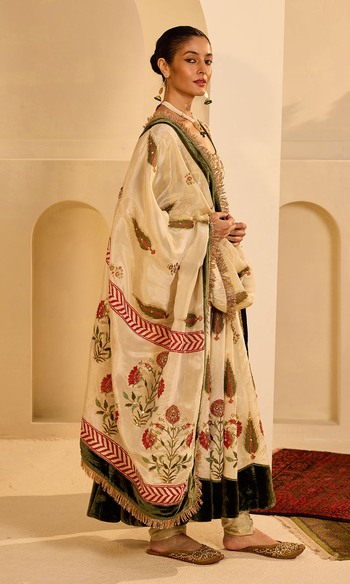 Dilbaro mughals tissue block printed Ivory anarkali with chooridar and olive green dupatta (set of 3)