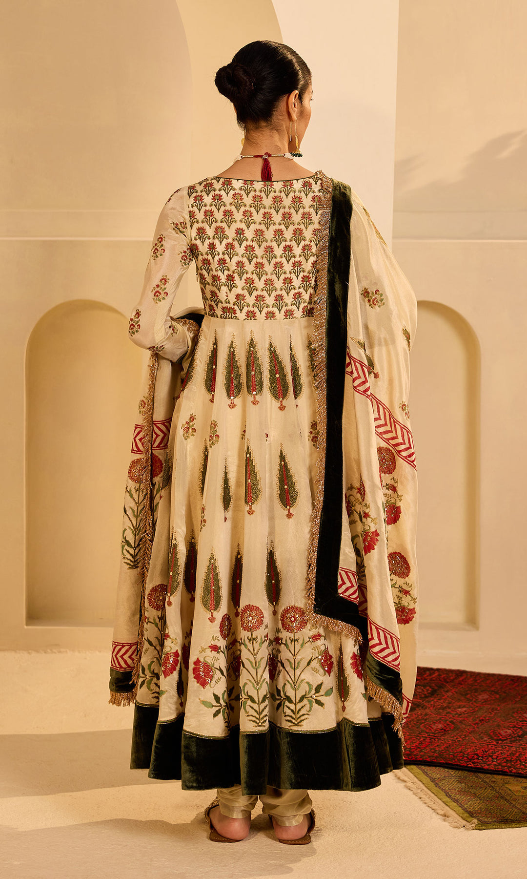 Dilbaro mughals tissue block printed Ivory anarkali with chooridar and olive green dupatta (set of 3)