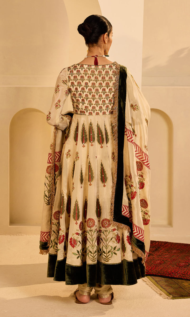 Dilbaro mughals tissue block printed Ivory anarkali with chooridar and olive green dupatta (set of 3)