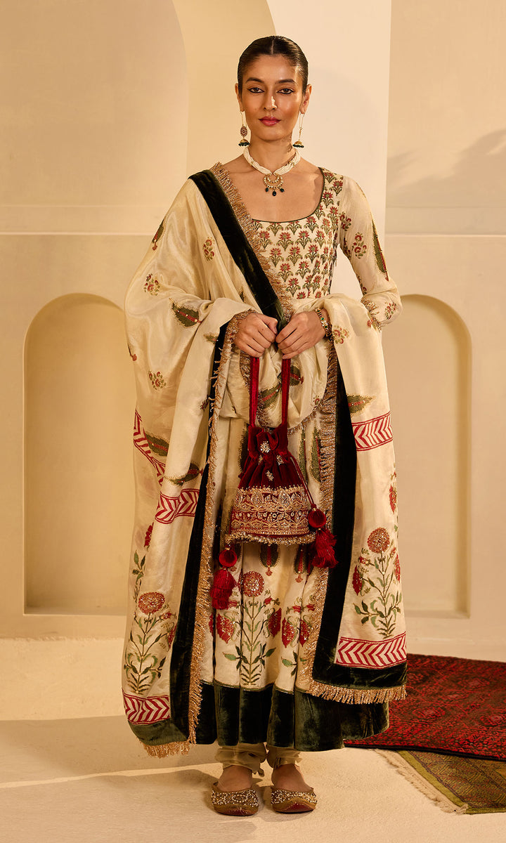 Dilbaro mughals tissue block printed Ivory anarkali with chooridar and olive green dupatta (set of 3)